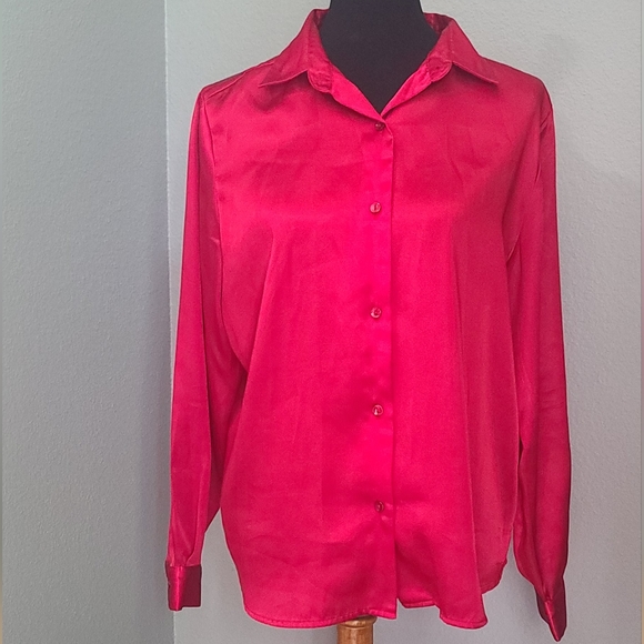 Christmas Red Satin Like Button Down Blouse - Picture 1 of 8